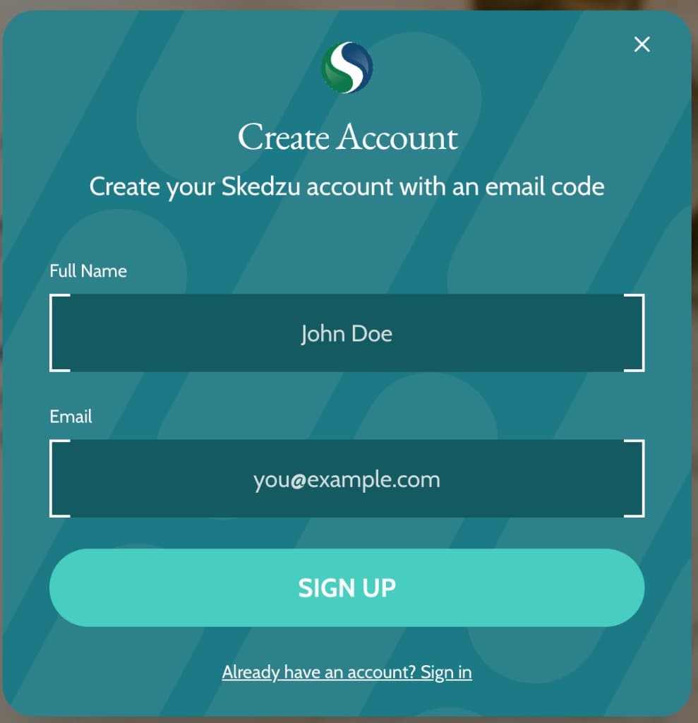 Create your Skedzu account with an email code