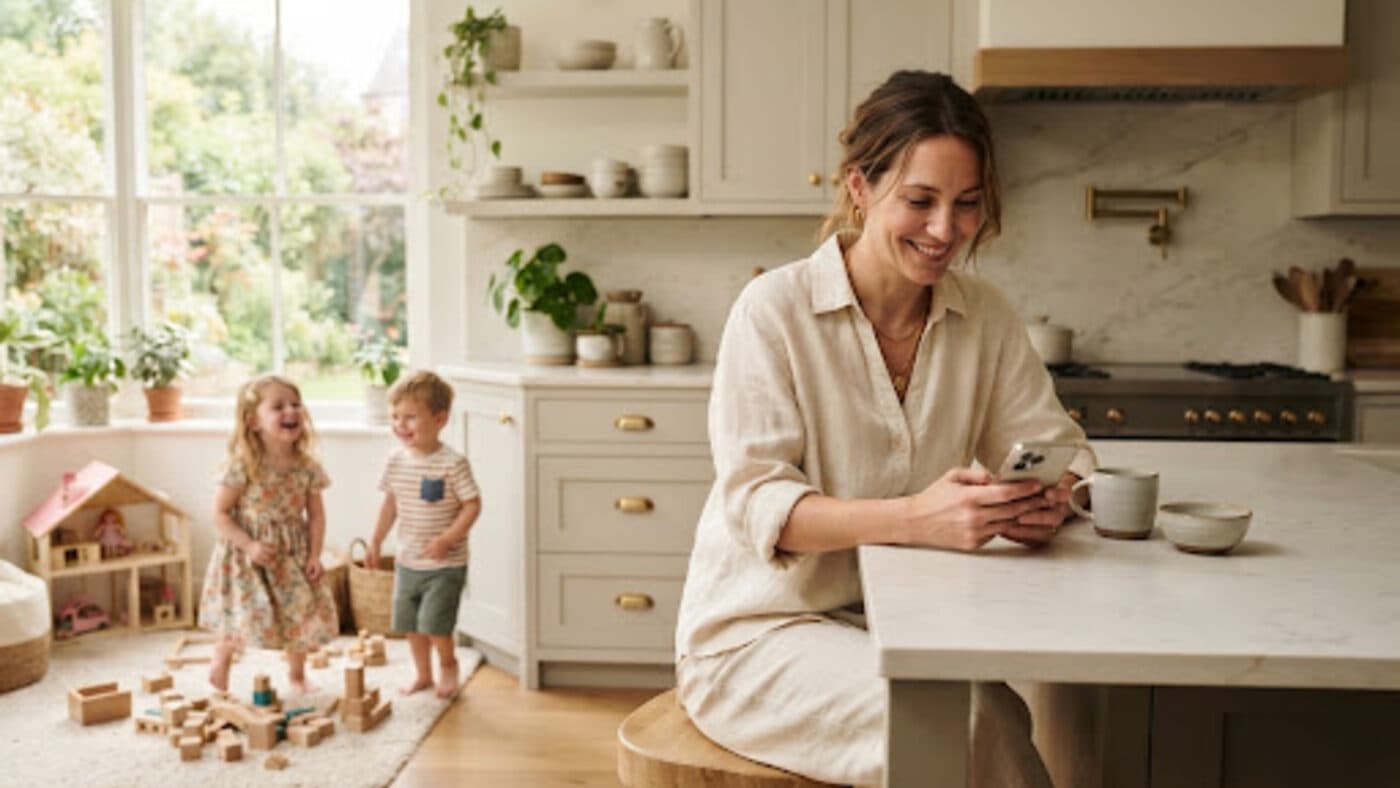 A parent planning the morning at a sunlit kitchen island while children play nearby