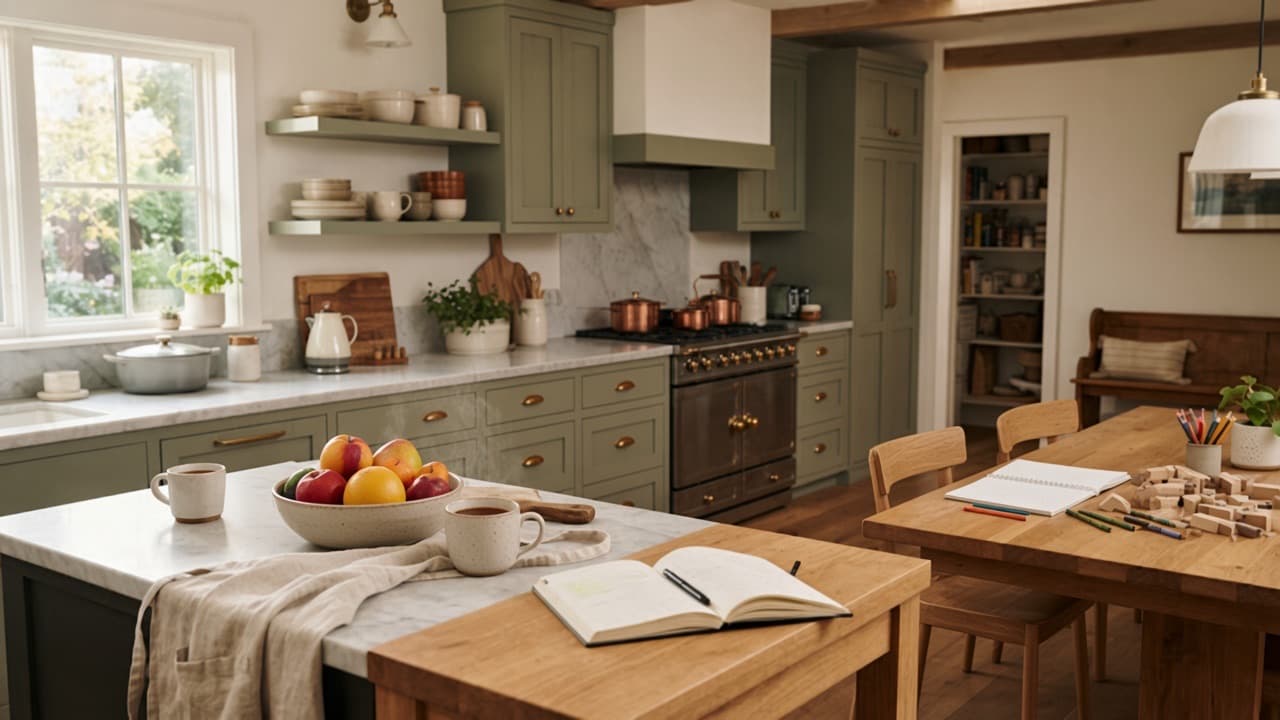 A quiet sunlit family kitchen with tea, an open notebook, and wooden toys — no people in frame