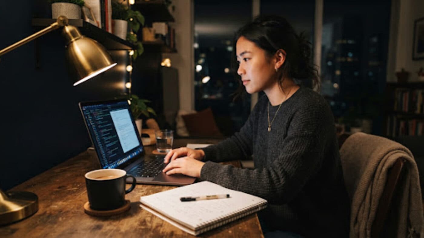 An adult studying in the evening at a kitchen table