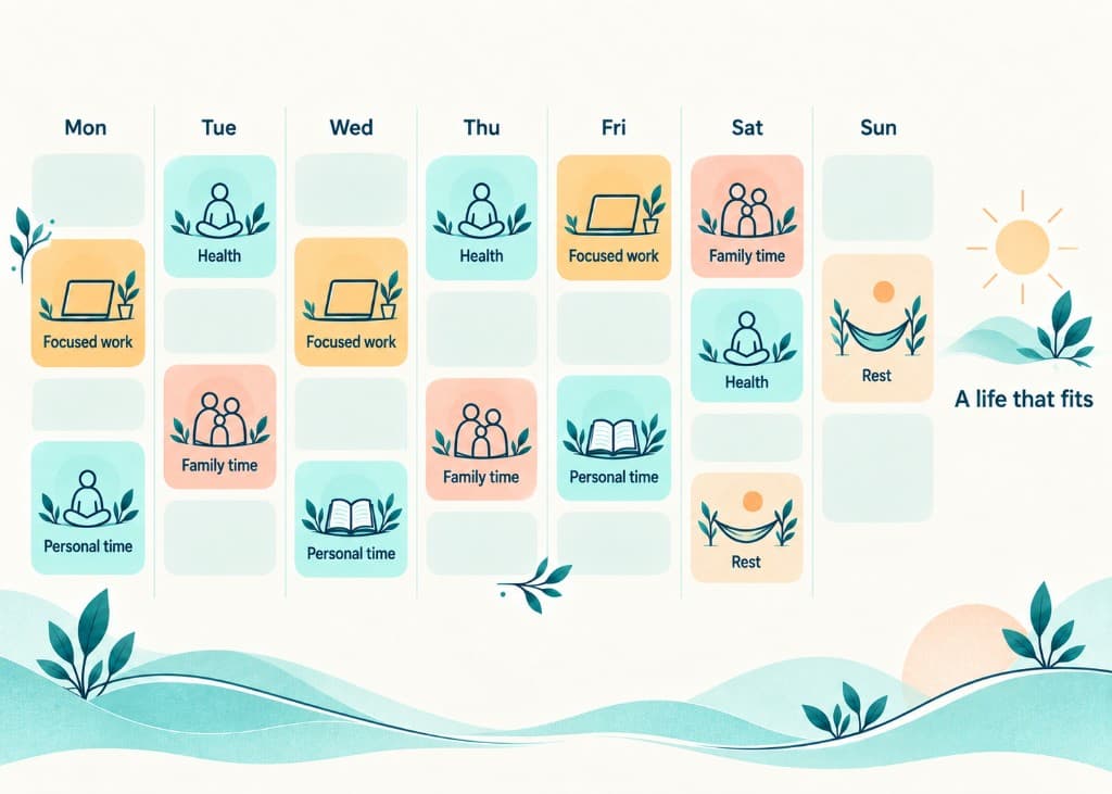 A week balanced across health, focused work, family, personal time, and rest