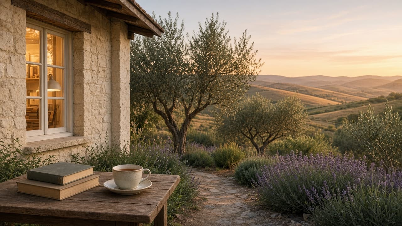 A dusk garden path beside a cottage study window with books and tea