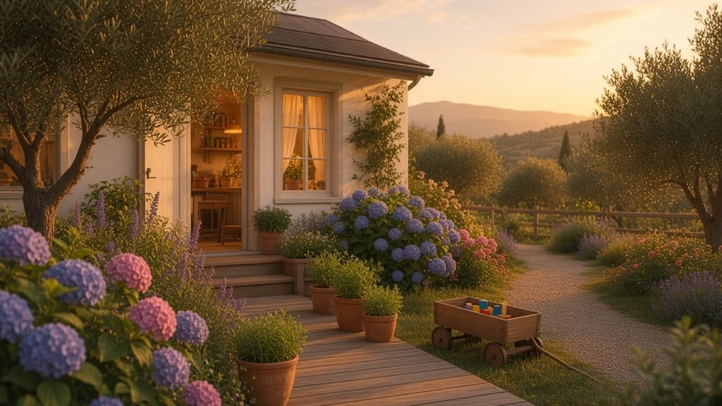 A sunlit porch path leading toward a family kitchen at golden hour