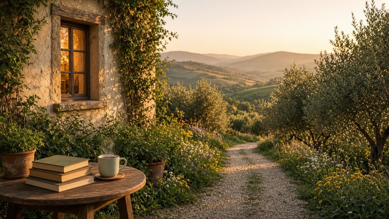 A dusk garden path beside a cottage study window with books and tea