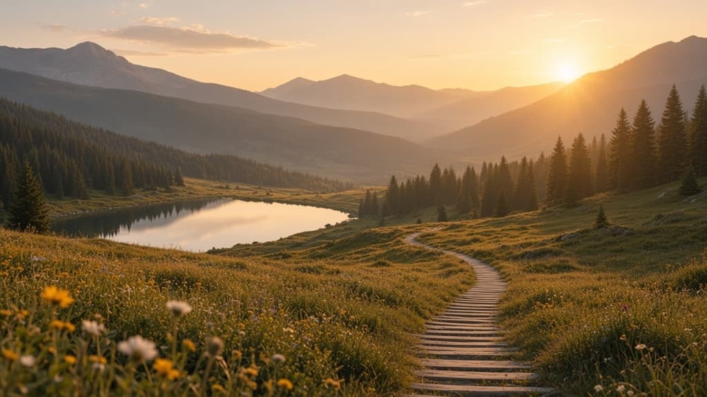 Sunrise over a mountain valley with a path through wildflower meadows