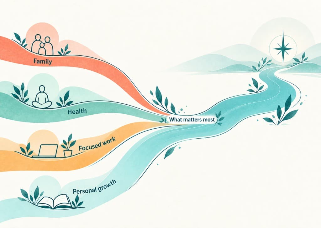 Family, health, focused work, and personal growth flowing toward what matters most