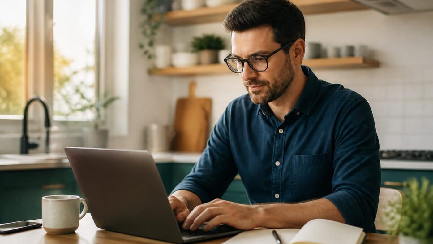 A person building a second income at a kitchen table in the morning