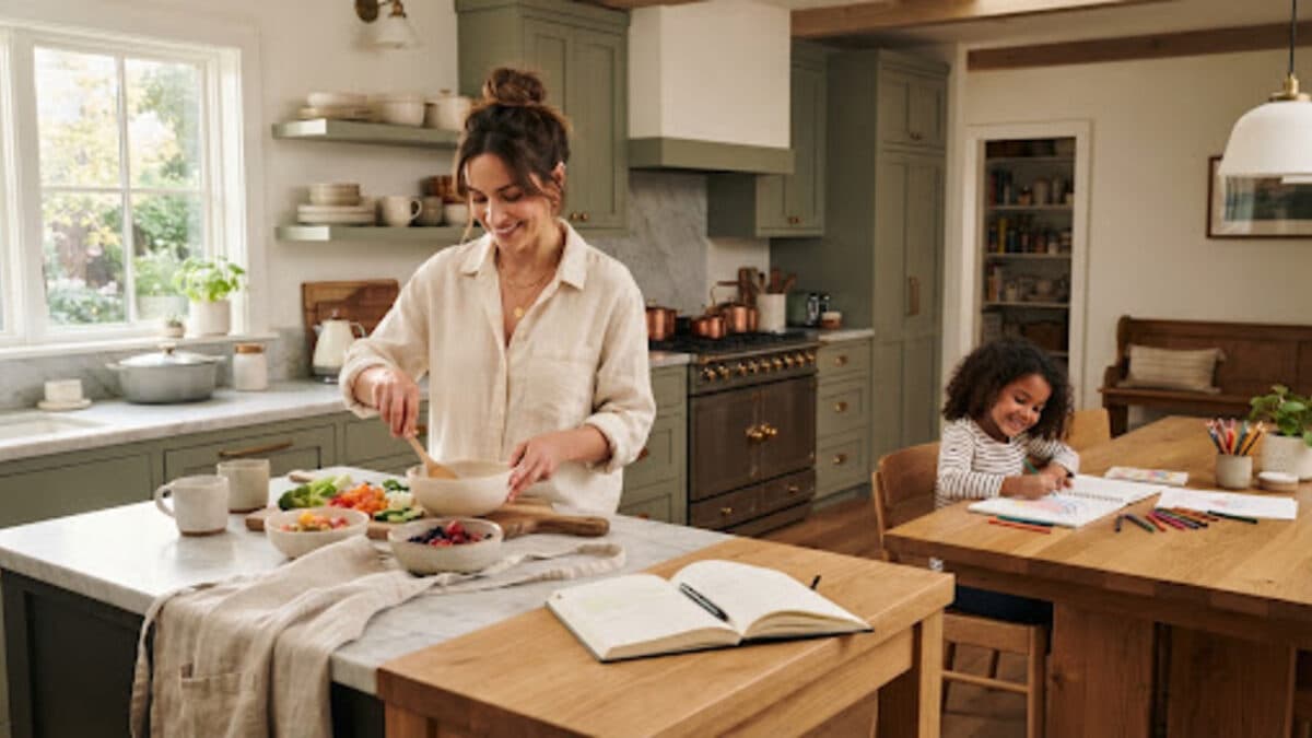Parent managing a busy household morning