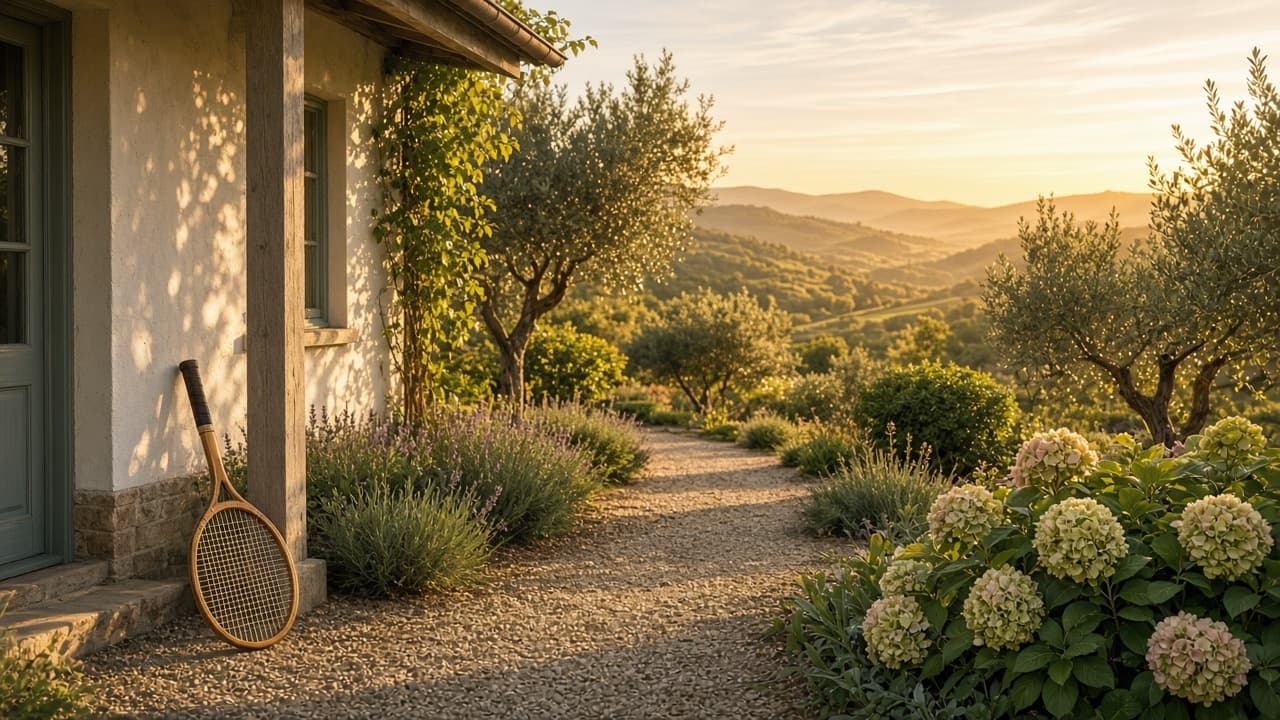 A golden-hour garden path with a tennis racquet resting on a cottage porch