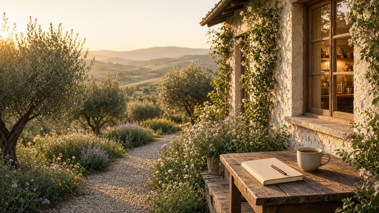 A golden-hour garden path beside a cottage with a notebook and coffee