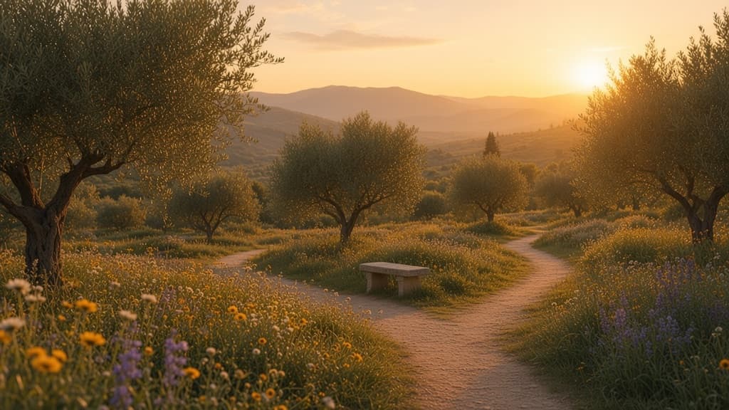 Golden-hour garden paths forking among olive trees and wildflowers