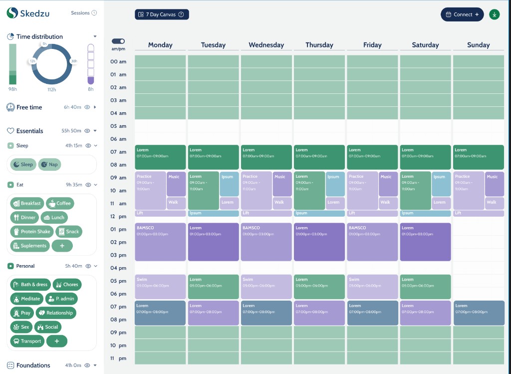 Skedzu 7 Day Canvas — week grid with categories and life blocks
