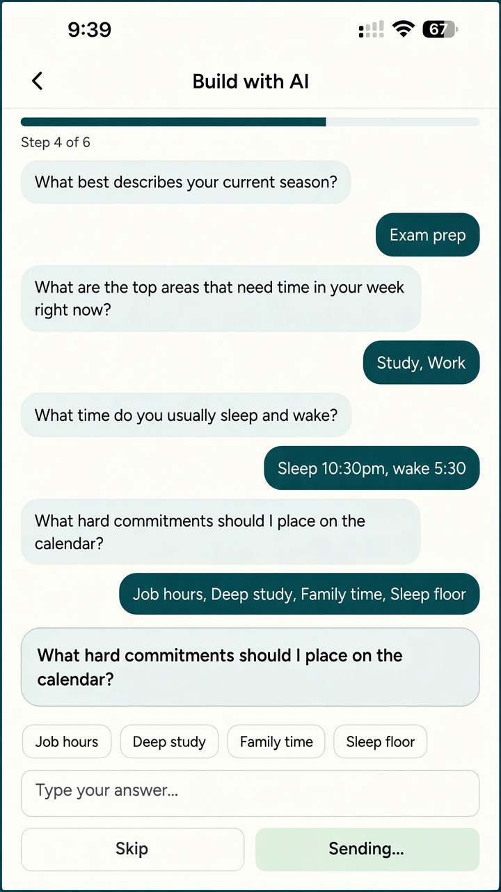 Build with AI screen asking about season, commitments, and sleep