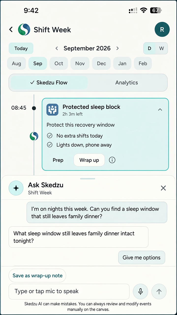 Ask Skedzu conversation about finding a sleep window around family dinner