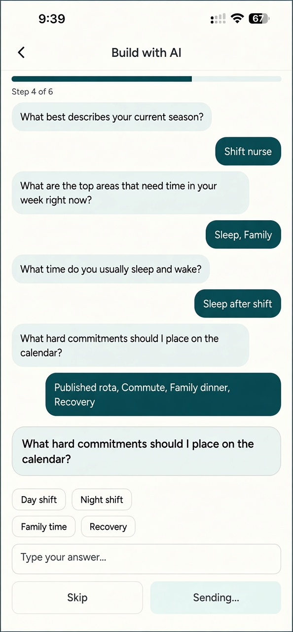 Build with AI screen asking about season, commitments, and sleep