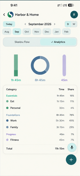 Analytics screen grouping time across family, work, and personal categories