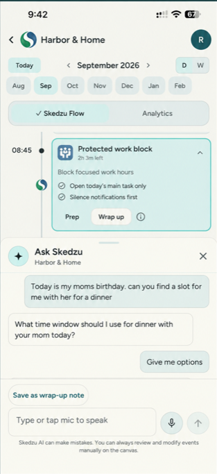 Ask Skedzu conversation about finding another time for dinner