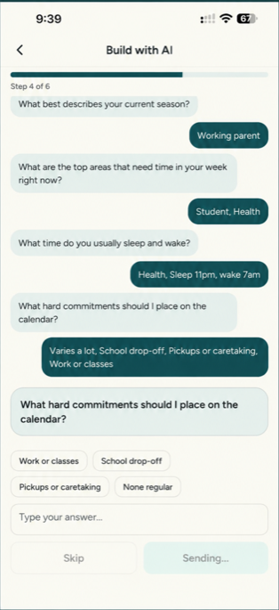 Build with AI screen asking about season, commitments, and sleep