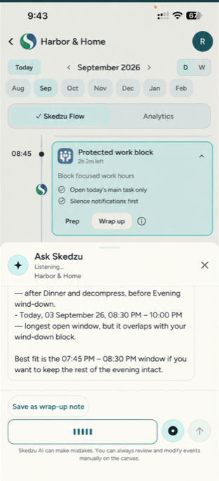 Talk to Skedzu voice assist suggesting a better window