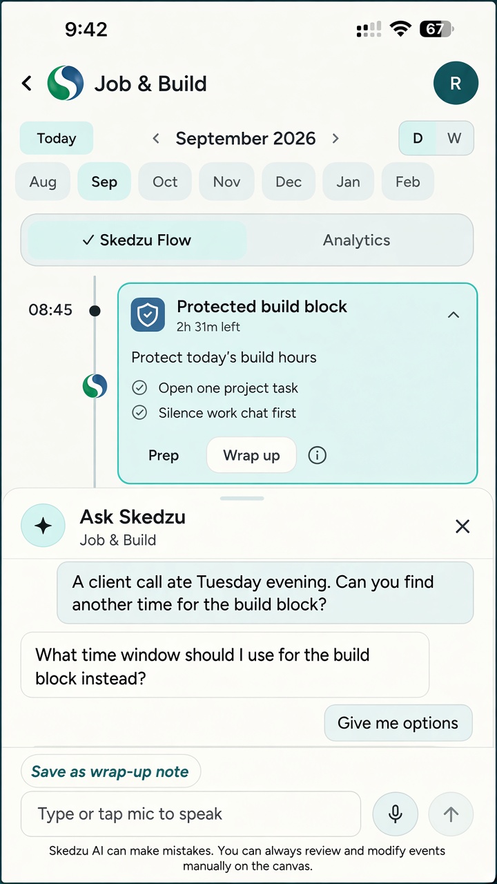 Ask Skedzu conversation about finding another build window