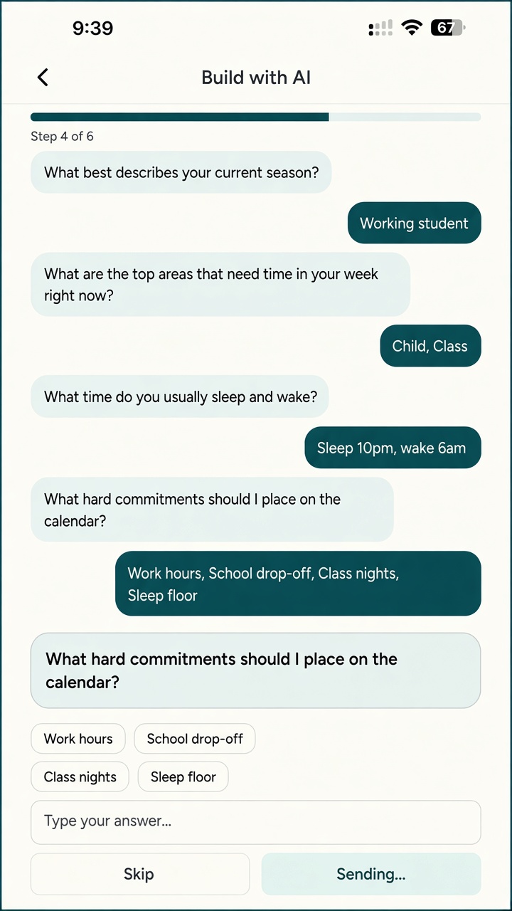 Build with AI screen asking about season, commitments, and sleep