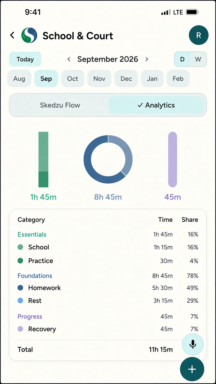 Analytics screen grouping time across family, work, and personal categories