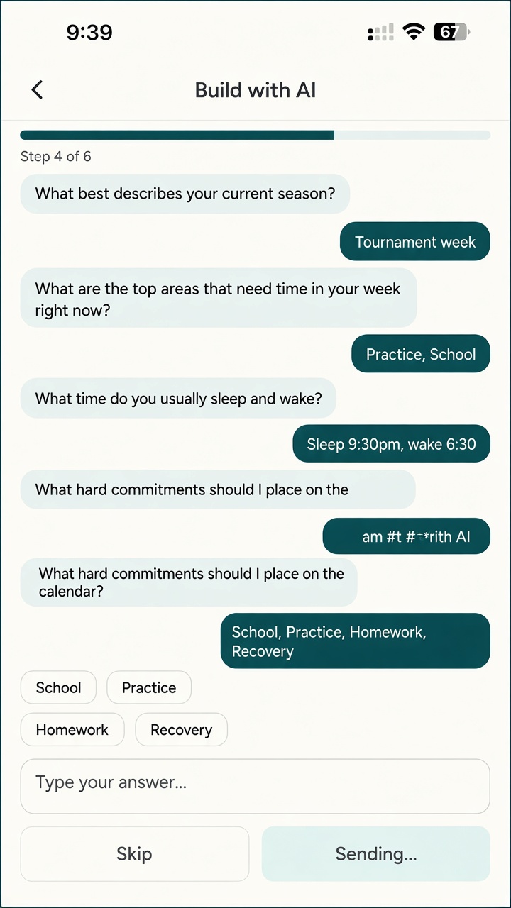 Build with AI screen asking about season, commitments, and sleep